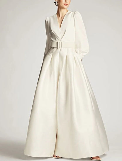Weitese A-Line Evening Gown High Split Wedding Guest Dress Formal Fall Floor Length Long Sleeve V Neck Belt / Sash Satin with Pleats Slit