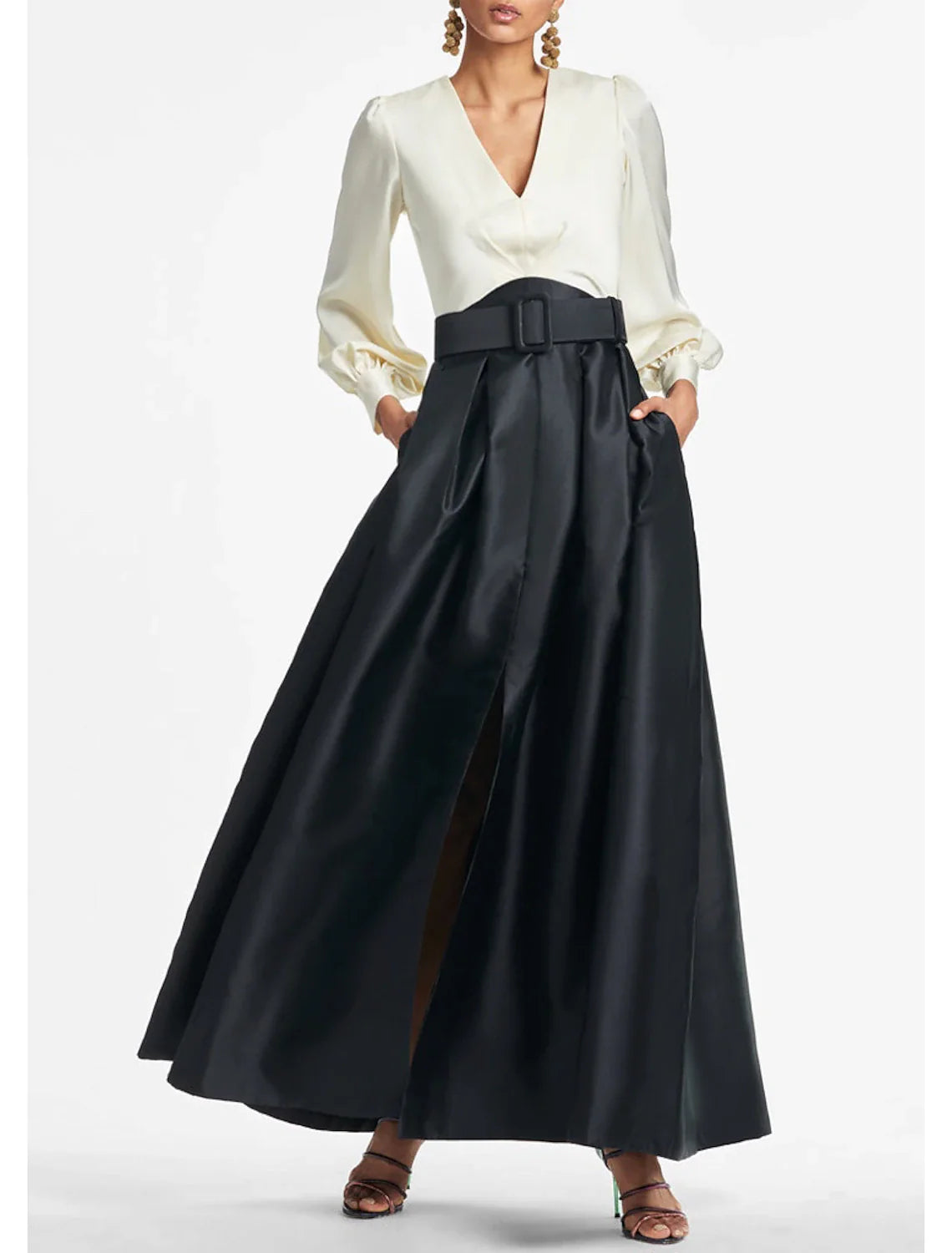 Weitese A-Line Evening Gown High Split Wedding Guest Dress Formal Fall Floor Length Long Sleeve V Neck Belt / Sash Satin with Pleats Slit