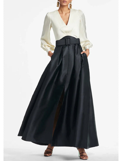 Weitese A-Line Evening Gown High Split Wedding Guest Dress Formal Fall Floor Length Long Sleeve V Neck Belt / Sash Satin with Pleats Slit