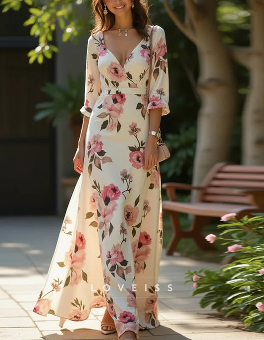 Floral V-Neck Maxi Dress – Soft White with Pink and Lavender Blooms