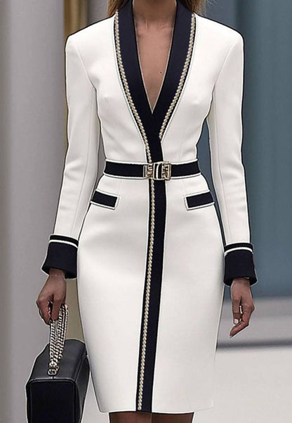 Formal White Midi Blazer Dress Contrast Trim Bevlted Midi Dress