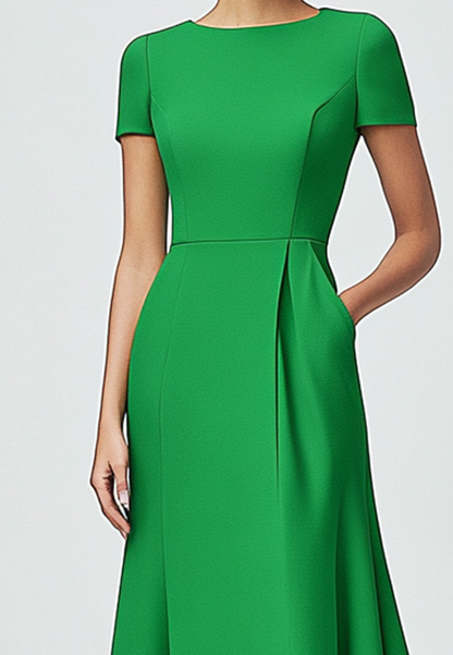 Formal Work Green A-Line Dress Short Sleeves Flared Dress