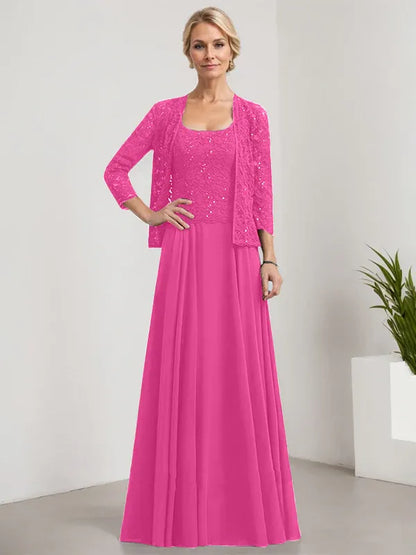 A-line Square Floor-Length Lace Chiffon Mother of the Bride Dress With Sequins