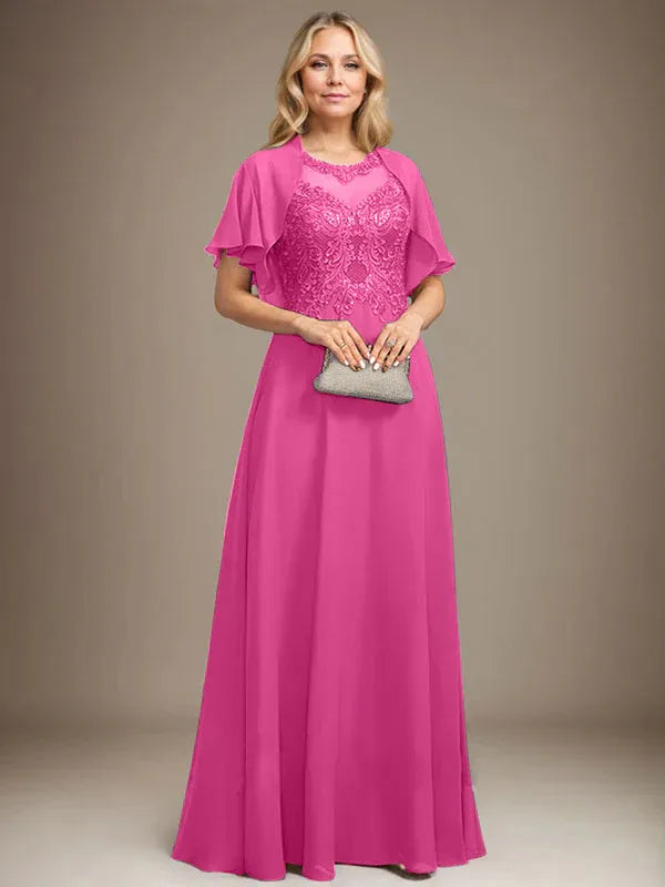A-line Scoop Illusion Floor-Length Lace Chiffon Mother of the Bride Dress With Sequins