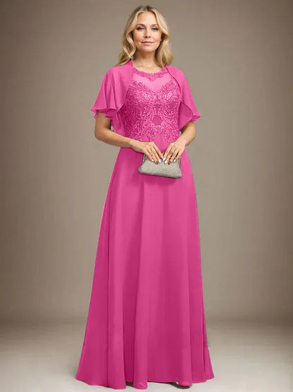 A-line Scoop Illusion Floor-Length Lace Chiffon Mother of the Bride Dress With Sequins