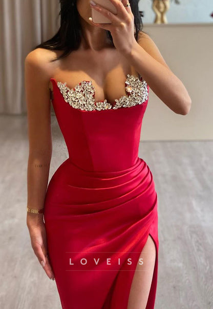 Sweetheart Sleeveless Beaded Ruched High Slit Prom Dress
