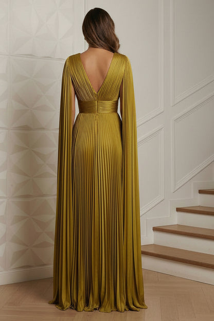V-Neck Pleated Satin A-Line Formal Dresses with Wrap