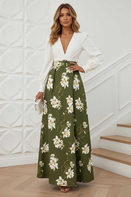 Satin A-Line V Neck Floral Print Formal Dresses