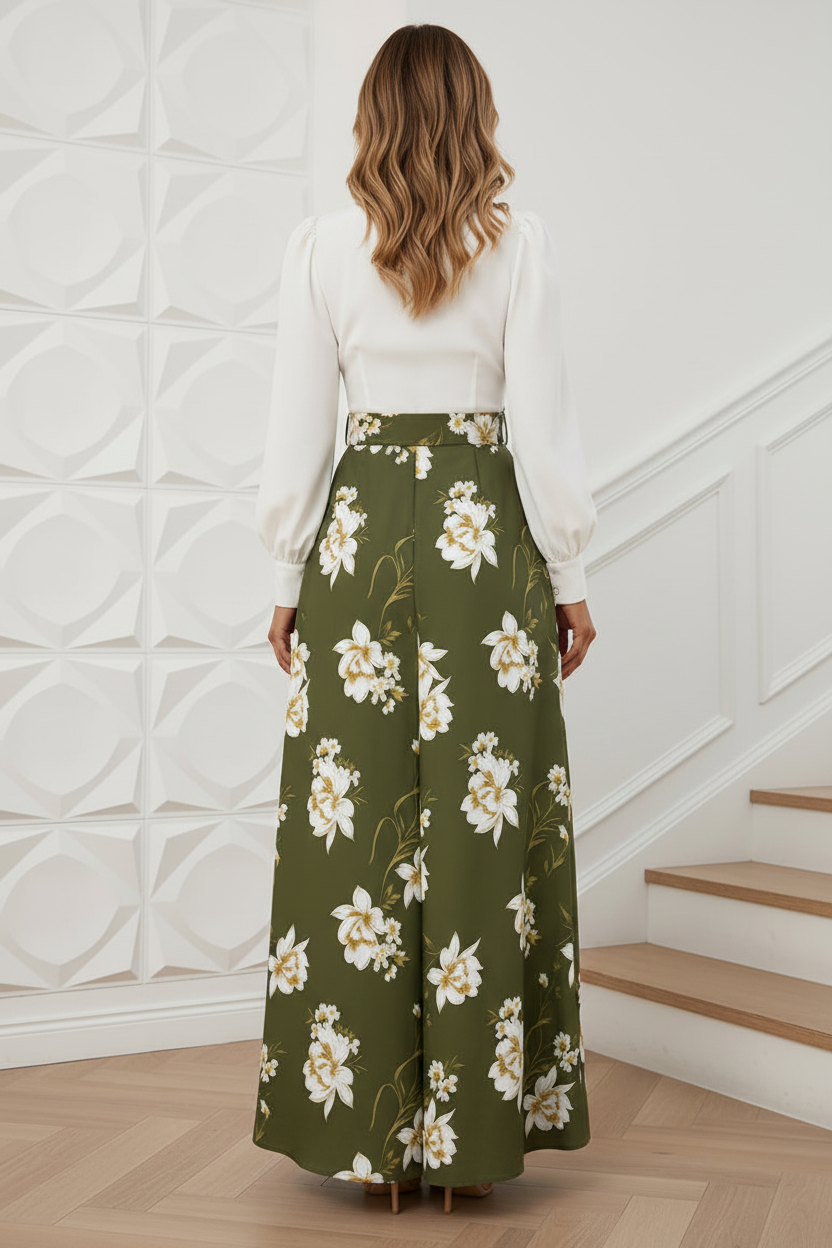 Satin A-Line V Neck Floral Print Formal Dresses