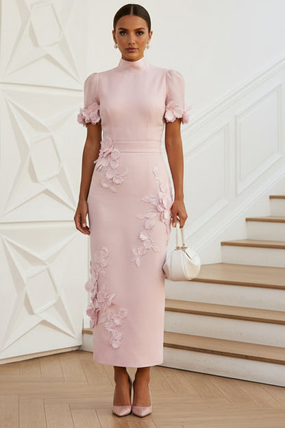 Tea Length Sheath High Neck Formal Dresses with 3D Flowers