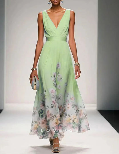 Romantic Light Blue Chiffon Gown with Floral Hem and Deep V-Neck