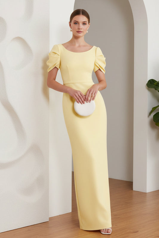 Pale Yellow Scoop Short Sleeves Sheath Mother of Bride Dress