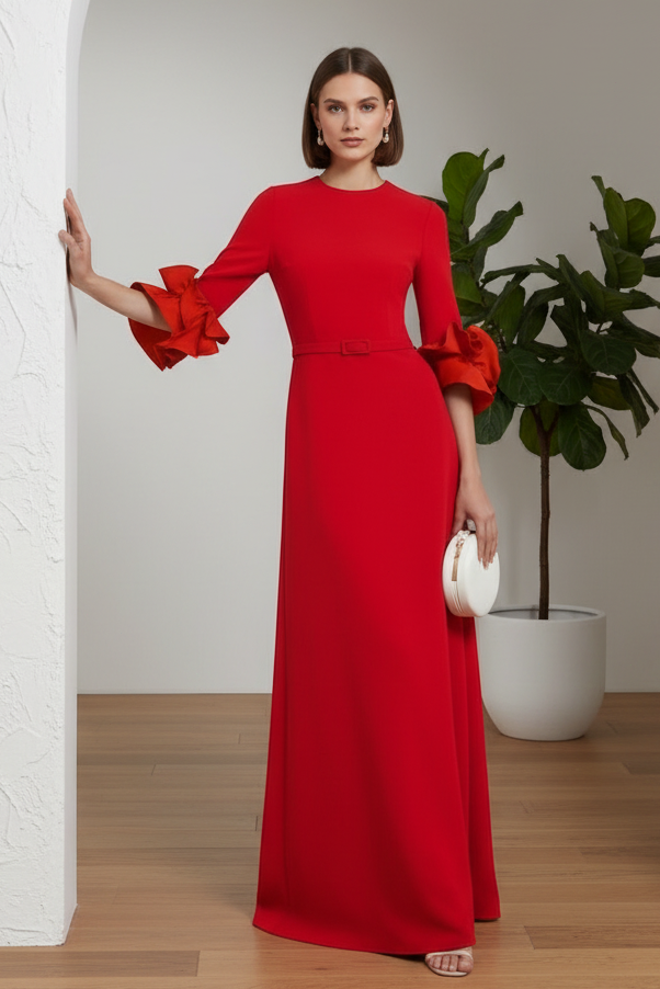 Scoop Long  Sleeves Belt A-Line Evening Dress