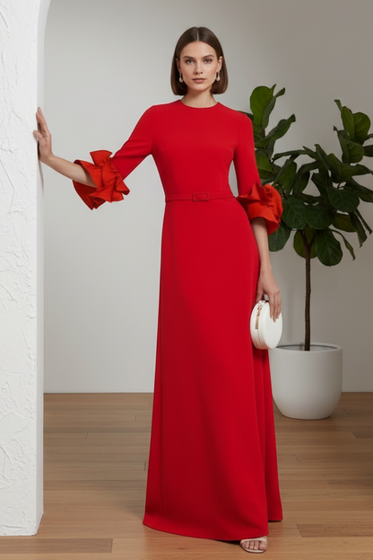Scoop Long  Sleeves Belt A-Line Evening Dress