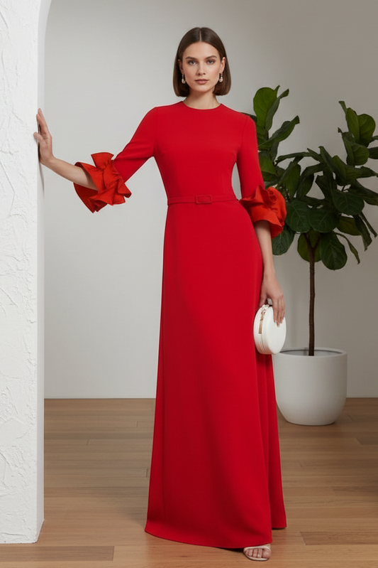 Scoop Long  Sleeves Belt A-Line Evening Dress