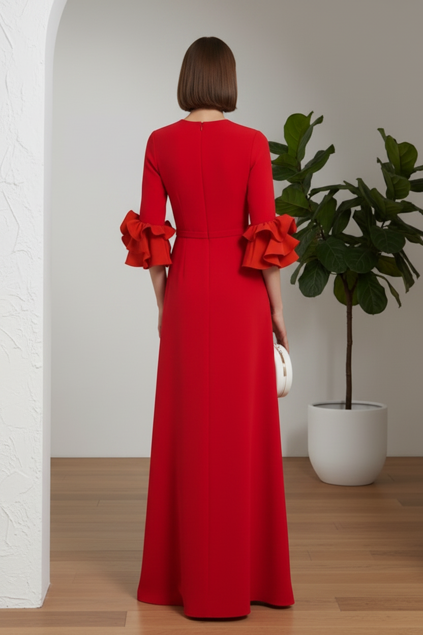 Scoop Long  Sleeves Belt A-Line Evening Dress