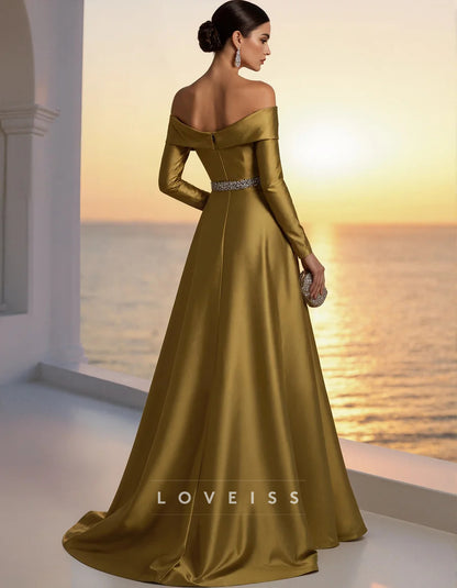 Gold Satin Off-the-shoulder Long Sleeves Maxi Dress