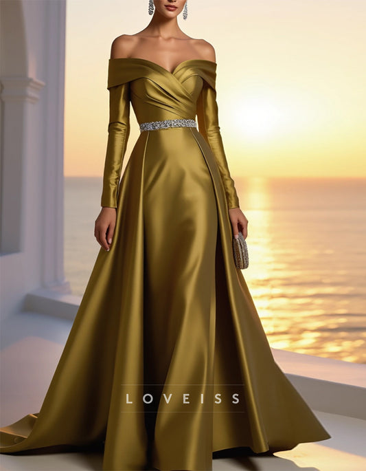 Gold Satin Off-the-shoulder Long Sleeves Maxi Dress