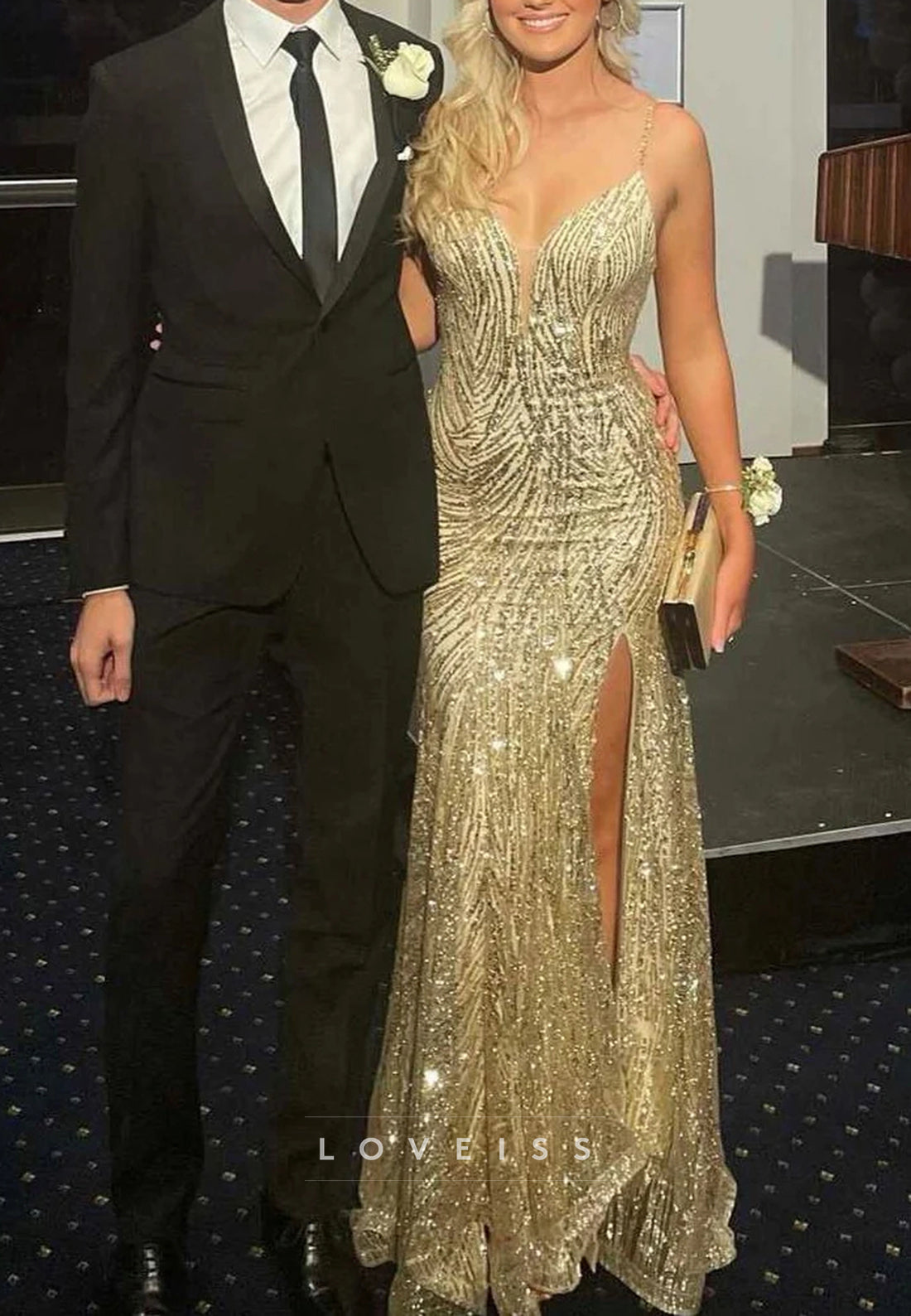 V-Neck Beaded Embroidery Sparkly Mermaid Prom Dress