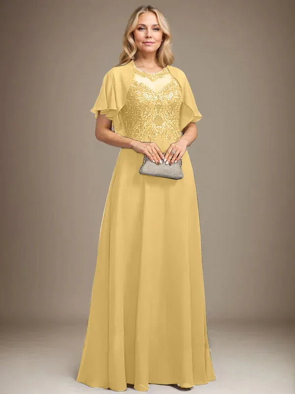 A-line Scoop Illusion Floor-Length Lace Chiffon Mother of the Bride Dress With Sequins