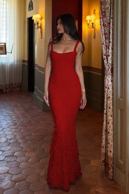 Gorgeous Mermaid Square Neck Pink Long Prom Dress with Flowers