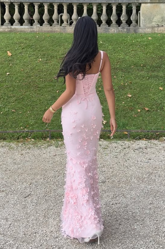 Gorgeous Mermaid Square Neck Pink Long Prom Dress with Flowers