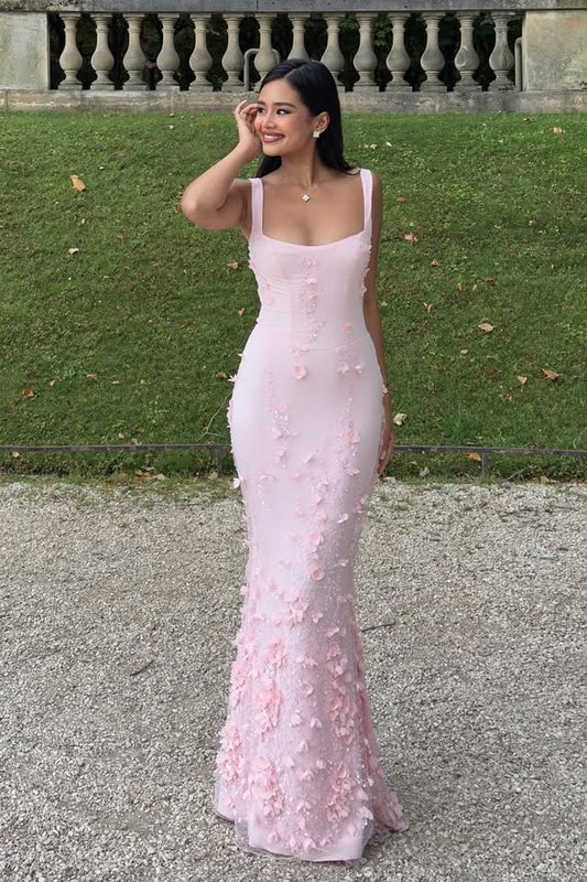 Gorgeous Mermaid Square Neck Pink Long Prom Dress with Flowers