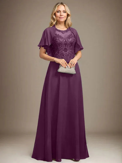A-line Scoop Illusion Floor-Length Lace Chiffon Mother of the Bride Dress With Sequins
