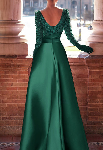 Green A-Line Satin Evening Gown Elegant Fall Wedding Guest Dress Jewel Neck with Glitter Slit