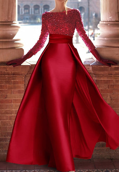 Green A-Line Satin Evening Gown Elegant Fall Wedding Guest Dress Jewel Neck with Glitter Slit