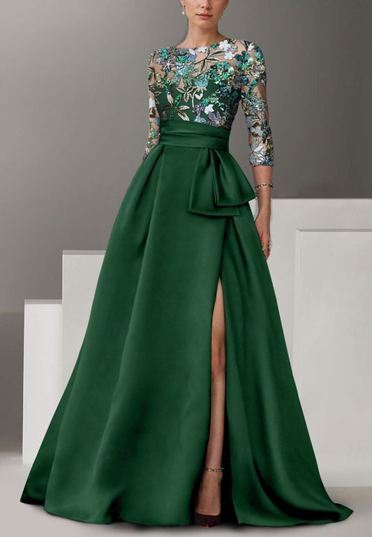 Green Floral Embroidered A-Line Evening Gown Elegant Dress Half Sleeve with Bow