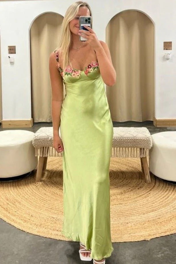 Green Satin Spaghetti Straps Sheath Long Prom Dress