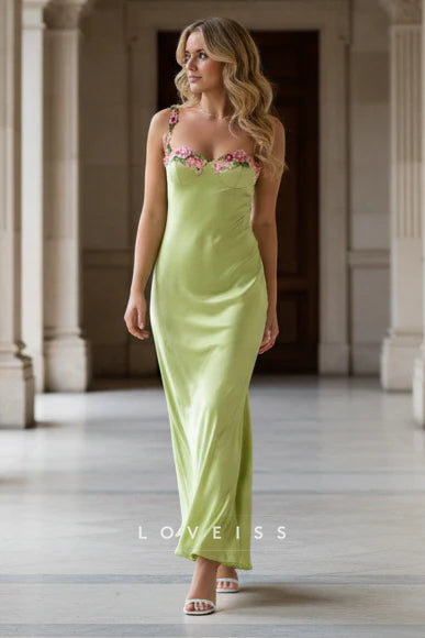 Green Satin Spaghetti Straps Sheath Long Prom Dress