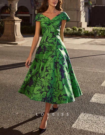 Green Wedding Evening Party Satin Printed Midi Dress