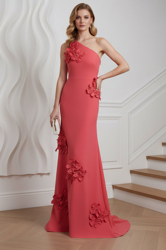 One Shoulder Appliques Mermaid Evening Dress