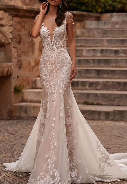 V-Neck Straps Floral Appliques Mermaid  Wedding Dress