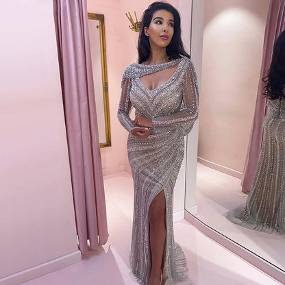 Luxury Beaded Silver Mermaid Evening Dress with Cape