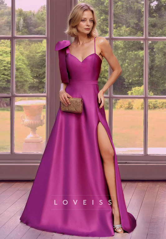 V-Neck Sleeveless Bowknot Sleek Side Slit Satin A-Line Mother of Bride Dress