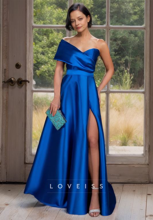 One Shoulder Sleeveless Pleated Sleek Satin A-Line Mother of Bride Dress