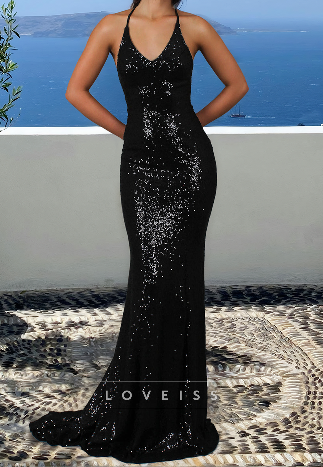 V-Neck Spaghetti Straps Sequins Sparkly Mermaid Evening Prom Dress