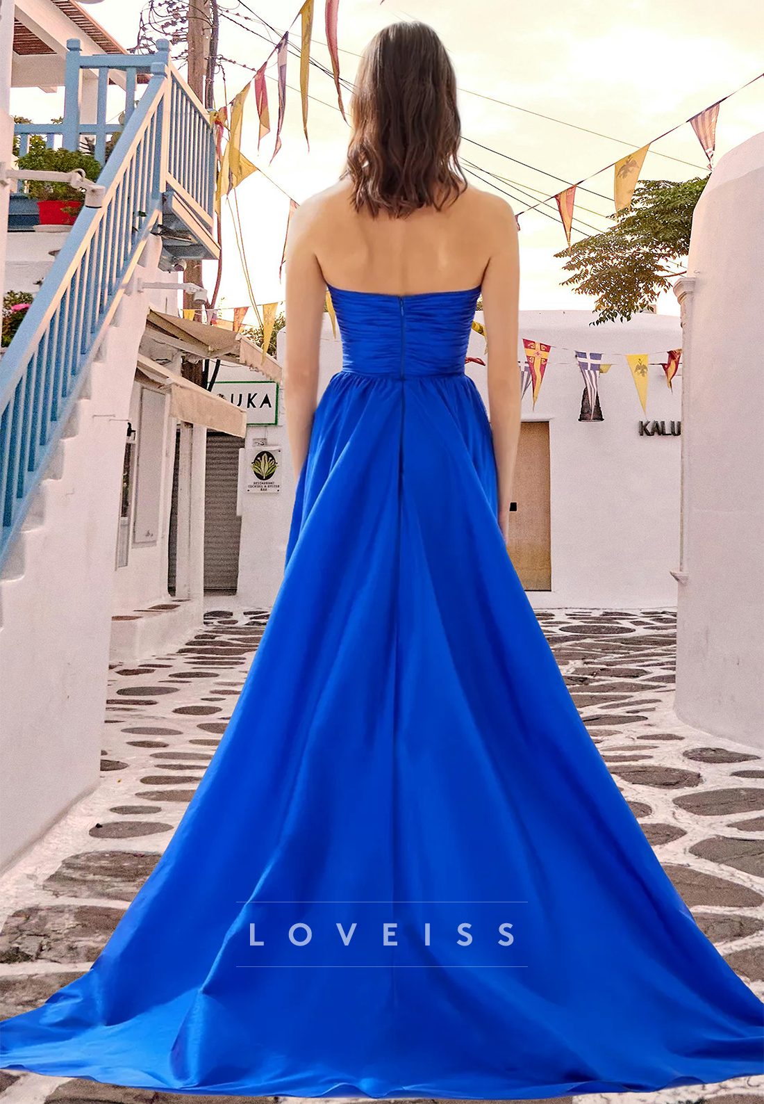 Straight Across Sleeveless Pleated High Slit A-Line Prom Dress