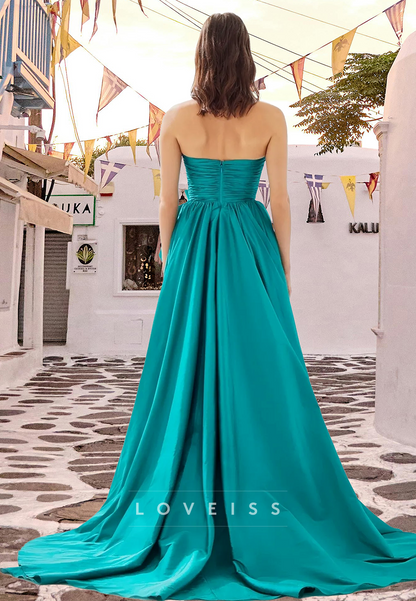 Straight Across Sleeveless Pleated High Slit A-Line Prom Dress