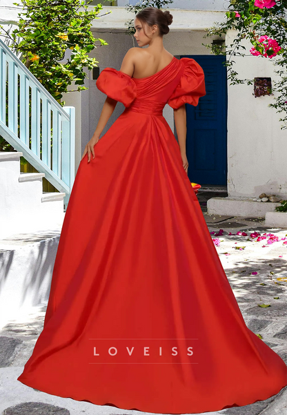 One Shoulder Puff Sleeves Pleated High Slit A-Line Prom Dress