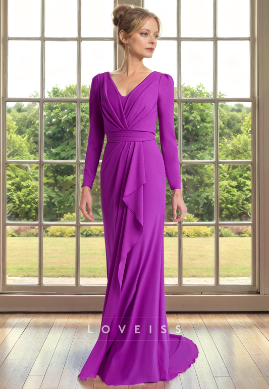 V-Neck Long Sleeves Ruffled Sheath Chiffon Mother of Bride Dress