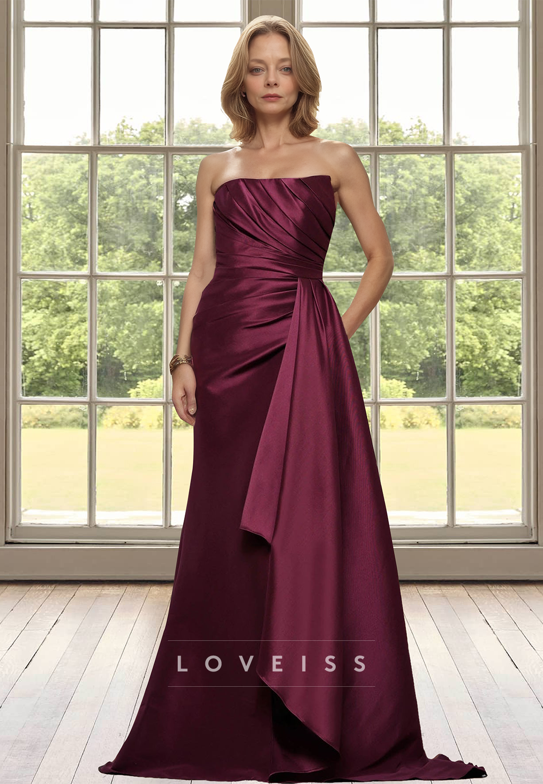 Straight Across Sleeveless Pleated Sheath Mother of Bride Dress