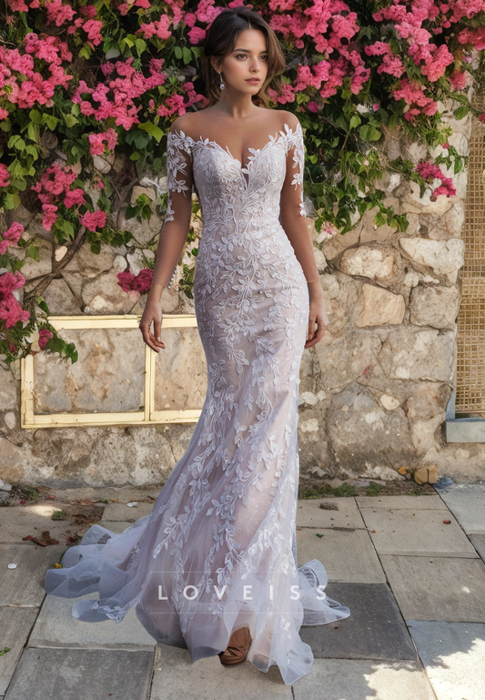 Unique Illusion Neckline Lace Mermaid Wedding Dress with Sleeves