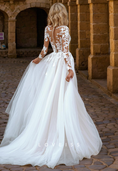 V-Neck Long Sleeves Appliques A-Line Wedding Dress