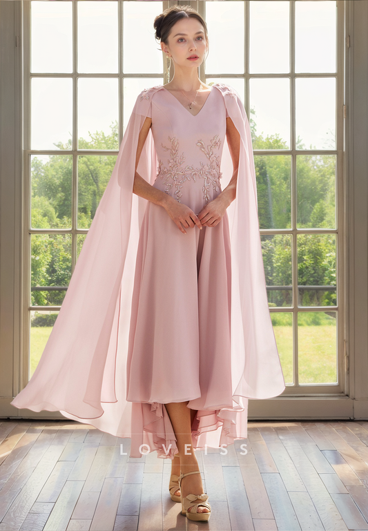 V-Neck Cap Sleeves Appliques Chiffon A-Line Mother of Bride Dress Cocktail Dress