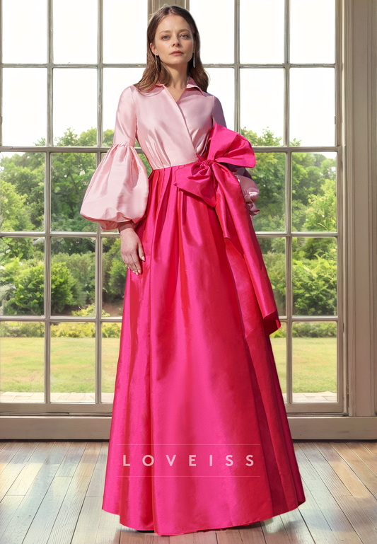 A-Line V-Neck Long Sleeves Sleek Satin Mother of the Bride Dress with Bow Detai