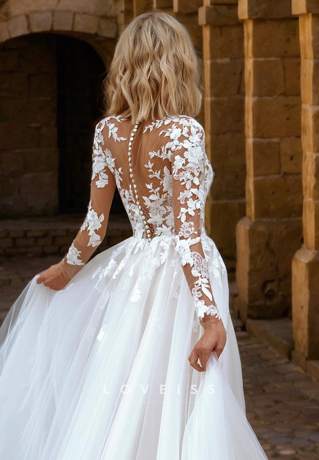 V-Neck Long Sleeves Appliques A-Line Wedding Dress